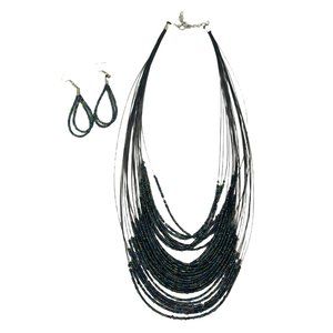 Multi-Strand Navy Iridescent Sead Bead Necklace Matching Hoop Earnings Set 11"